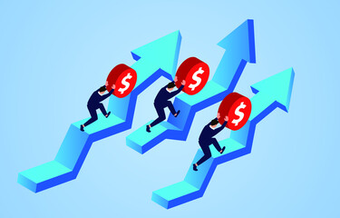 Three businessmen are pushing gold coins on the arrows, business and career development grow