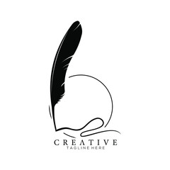 feather pen logo silhouette with circle line vector design template