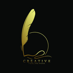 feather pen logo gold with circle line vector design template
