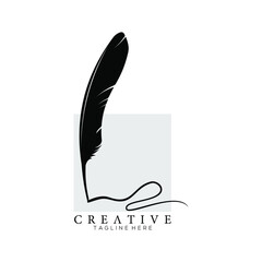 feather pen logo silhouette with square light grey vector design template