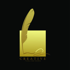 feather pen logo gold with square gold vector design template