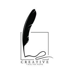 feather pen logo silhouette with square line vector design template