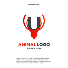 letter U logo. design a combination of letter a and deer antler illustration into a unique and simple logo U. with black, red, isolated white.brand for corporate and graphic design. modern template.
