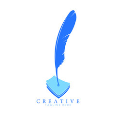 feather pen logo blue with 3 sheets of paper vector design template