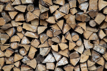 birch firewood stacked, close, short focus
