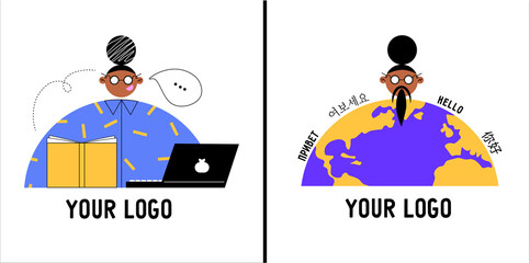 Set of logo for the language school. Funny wise old man, girl with laptop and planet Earth with different languages. Nice vector bright illustration in cartoon style. Visual metaphor about education.