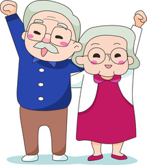 Old couple lift their arms to show how happy they are together