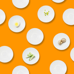 Healthy eating minimalist seamless pattern. White plates with diet food on a red background. Diet for weight loss.