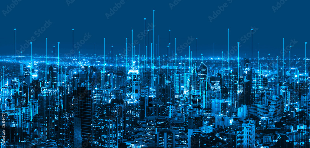 Poster the modern creative communication and internet network connect in smart city . concept of 5g wireles