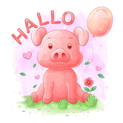 Fototapeta premium Pig cartoon with watercolor, Ballon and flower backgrounds