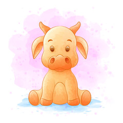Cute cow cartoon with watercolor background