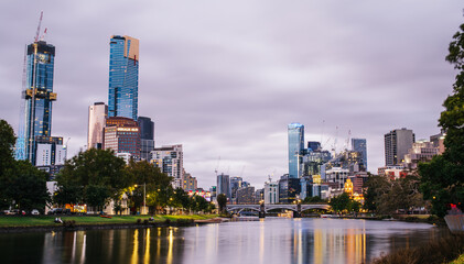 View of Melbourne CBD lit during evening