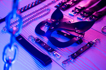 Set of erotic toys for BDSM. The game of sexual slavery with a whip, gag and leather blindfold....