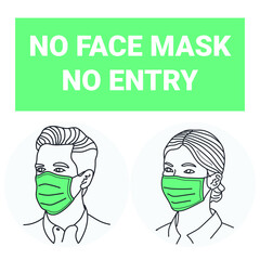 Vector illustrated warning sign for no entry without wear face mask. No face mask no entry symbol. Safety signs about wearing face mask. hand drawn vector