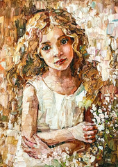 Young beautiful curly girl holding wildflowers in her hands. Created in the expressive manner. Palette knife technique of oil painting and brush.   