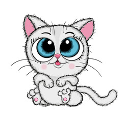 Cute Kitten on white background illustration vector. Hand drawn cat. Cartoon cat card. Cat sketch print design cat, children print on t-shirt.