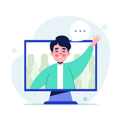 Young man communicating through video call on computer. Flat vector illustration
