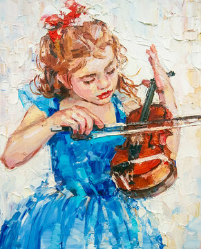 Little red-haired girl in a blue dress playing a beautiful melody on a violin. Palette knife technique of oil painting and brush.
