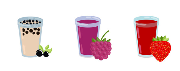 Berry smoothie. Well being and weight loss concept. Strawberry, raspberry, tapioca Fresh juice organic. Vector illustration sketch. Glass of berry milkshake or cocktail. Isolated on white background.