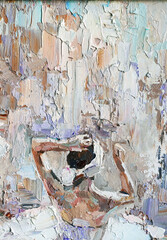 Young ballerina in white lush dresses are preparing for the performance. Created in the expressive manner, palette knife technique of oil painting and brush.        