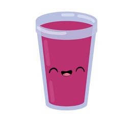 Raspberry smoothie cute kawaii character. Well being and weight loss concept. Raspberry Fresh juice organic. Vector illustration sketch. Glass of milkshake or cocktail. Isolated on white background.