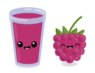 Raspberry smoothie cute kawaii character. Well being and weight loss concept. Raspberry Fresh juice organic. Vector illustration sketch. Glass of milkshake or cocktail. Isolated on white background.