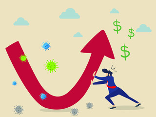 Obraz premium Businessmen push the arrow of the financial charts to keep going up after the coronavirus pandemic. new normal concept. economic after covid 19 illustration
