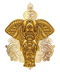 Golden elephant with mandala. Ornamental card. Vector illustration.
