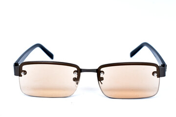 Pink health glasses, black glasses frames, isolated on white background 