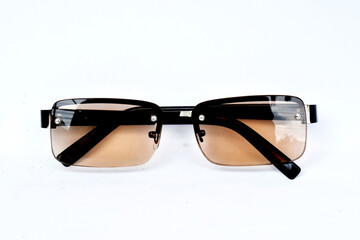 Pink health glasses, black glasses frames, isolated on white background 