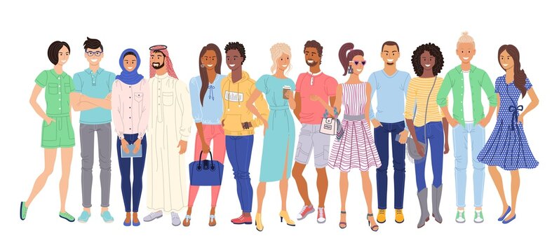 Multiethnic people. Isolated casual young adult men and women cartoon character citizen group standing together. Interracial and multi-ethnic couple crowd. Vector diverse multiethnic people society