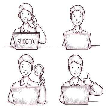 Technical Support Sketch. Man Operator Character Process Customer Appeal Search Solution At Computer Sketch Isolated Vector Set. Technical Support Service Troubleshooting Maintenance Department