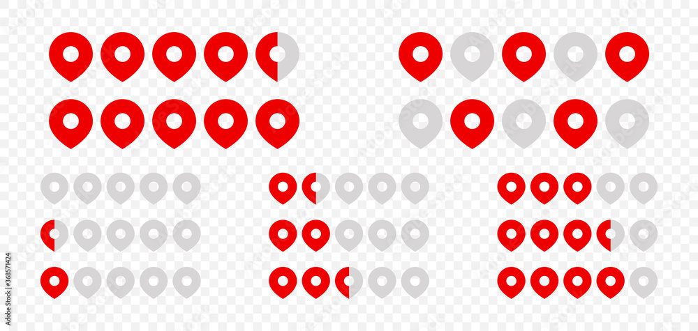 Poster five location pin icon set rating on transparent. map point symbols with lighted red and grey heart 