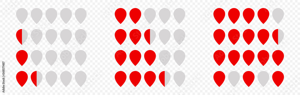 Poster five location pin icon set rating on transparent. map point symbols with lighted red and grey heart 