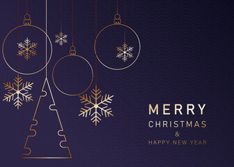 Christmas background with Shining gold balls and gold Christmas fir tree. Merry Christmas background vector Illustration.