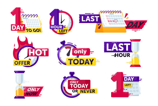 Time Left Set. Isolated Clock, Timer, Calendar And Hourglass With Hour And Day Time Left Count Down Sign Stickers. Countdown Badge Icon Collection. Sale Shopping Offer Vector Illustration