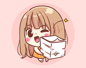 Smiling Girl carrying paper documents cartoon art illustration Premium Vector