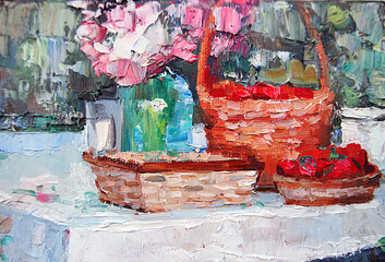Still life with a basket of berries and flowers. Fragment of the picture. Oil painting on canvas.