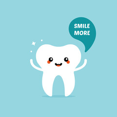 Vector cartoon style happy and cute tooth character with speech bubble asking to smile more.
