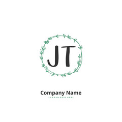 J T JT Initial handwriting and signature logo design with circle. Beautiful design handwritten logo for fashion, team, wedding, luxury logo.