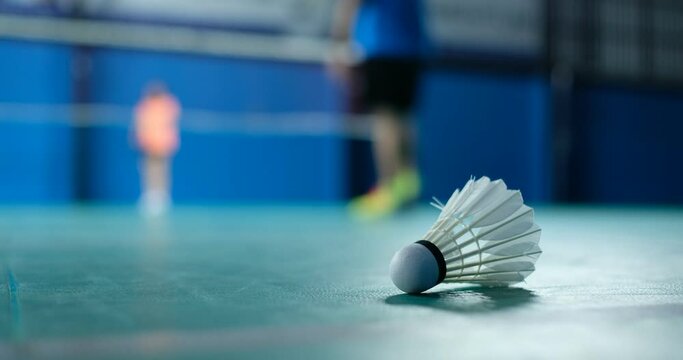 Badminton shuttlecock on a green floor 
