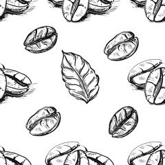 Detailed hand drawn black and white seamless pattern of coffee grain, leaf. sketch. Vector in graphic style label, card, sticker, menu, package.