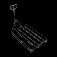 Hand pallet jack lift. Manual forklift with cargo pallet for warehouse. Logistics shipping concept. Wireframe low poly mesh vector illustration.