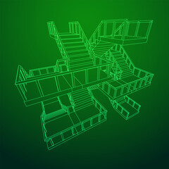 Wireframe stairs, interior staircases steps with railing. Wireframe low poly mesh vector illustration.