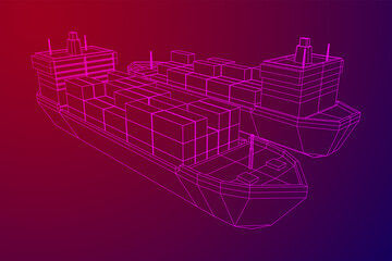 Heavy dry cargo ship of bulk carrier with freight containers. Wireframe low poly mesh vector illustration.