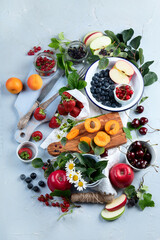Assortment of berries, jams and fruits