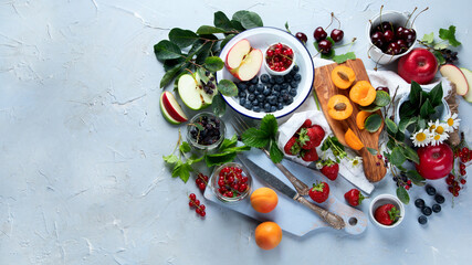 Assortment of berries, jams and fruits
