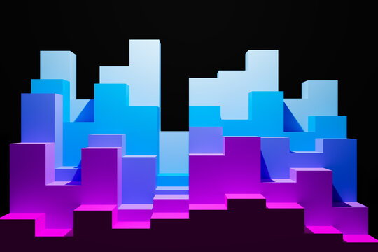  3D illustration volumetric pink and blue cube on a geometric monophonic background. Parallelogram pattern. Technology geometry neon background