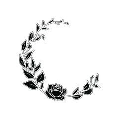 Funeral card template with black wreath made from leafs and rose on white background