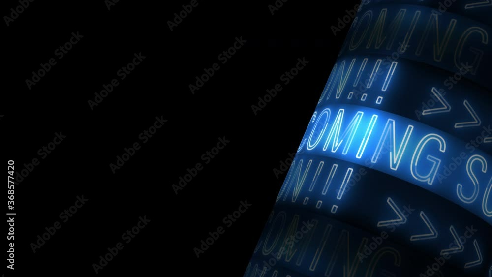 Poster coming soon 3d tube blue neon text smooth seamless loop animation. 4k effect screen looping with cop